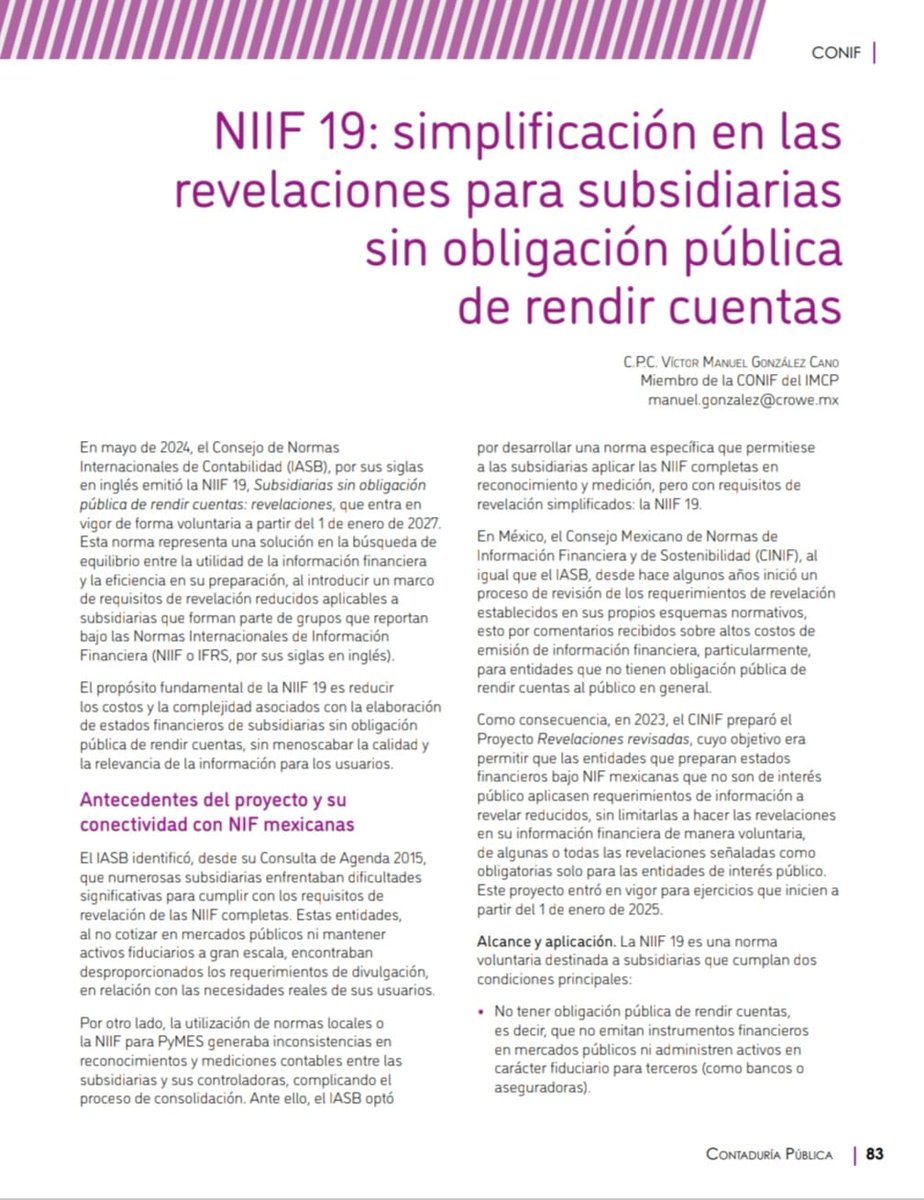 ConifImcp's tweet photo. Te invitamos a leer el artículo de la Revista de Contaduría Pública de Febrero de 2026, denominado "NIIF 19: Simplificación en las revelaciones para subsidiarias sin obligación pública de rendir cuentas", elaborado por el C.P.C. Víctor Manuel González Cano, Integrante de la CONIF https://t.co/pC72V84phh