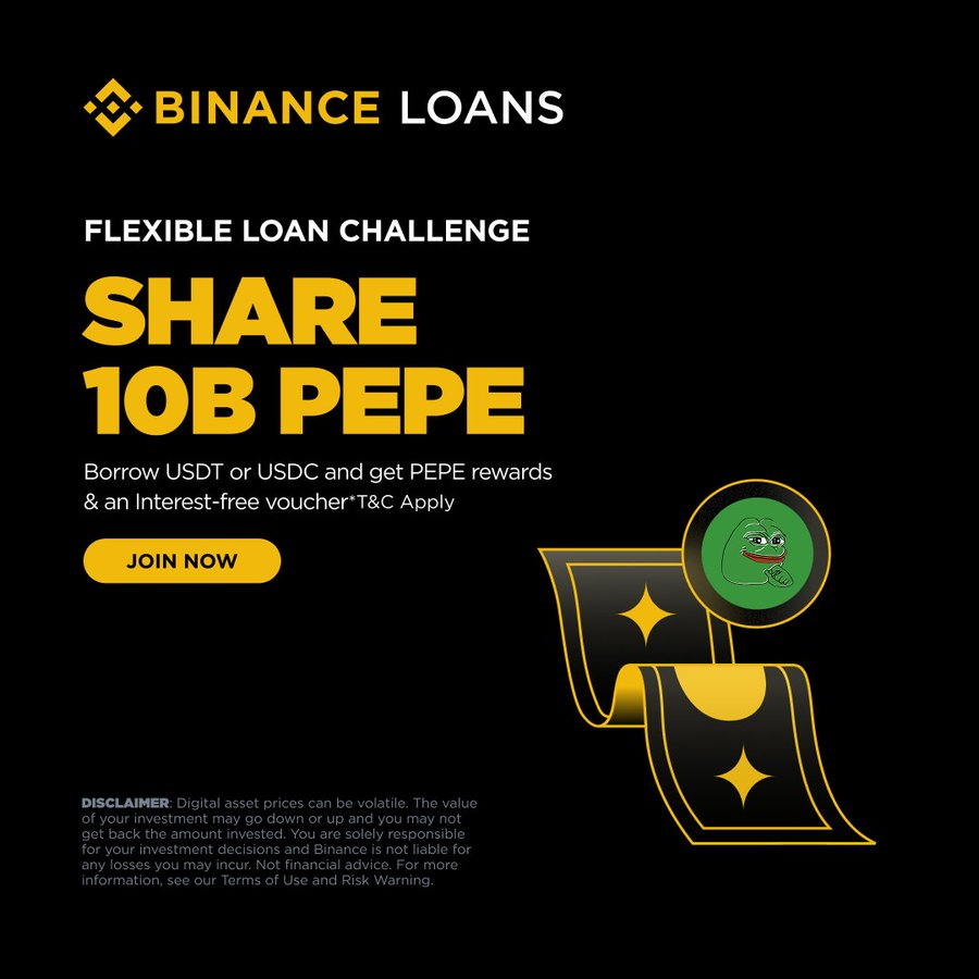 Joshual754's tweet photo. New on Binance Loans!

Opt into Binance's May Flexible Loan Challenge, borrow USDT or USDC, and get a shot at:

🔸 A share of 10,000,000,000 
$PEPE
 rewards
🔸 An Interest-Free Loan Voucher https://t.co/btAw0jk0wN