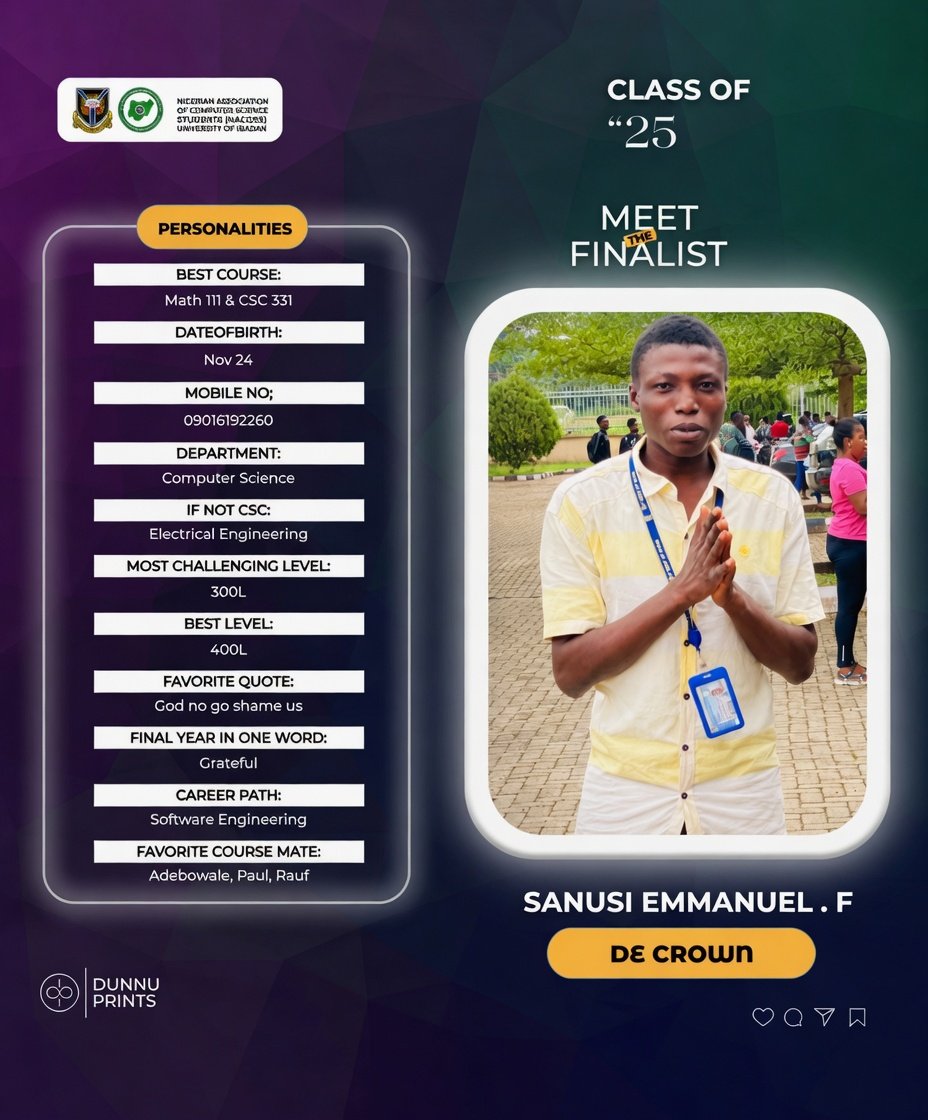 hodlpreacher's tweet photo. Today I signed out as a Computer Science graduate from the University of Ibadan π
Class of '25 | Software Engineering | De Crown
I'm Sanusi Emmanuel, a developer passionate about building real solutions.
Let's connect. The journey is just beginning. π
#UIbadan #SoftwareDev https://t.co/Z8le3VKdHV