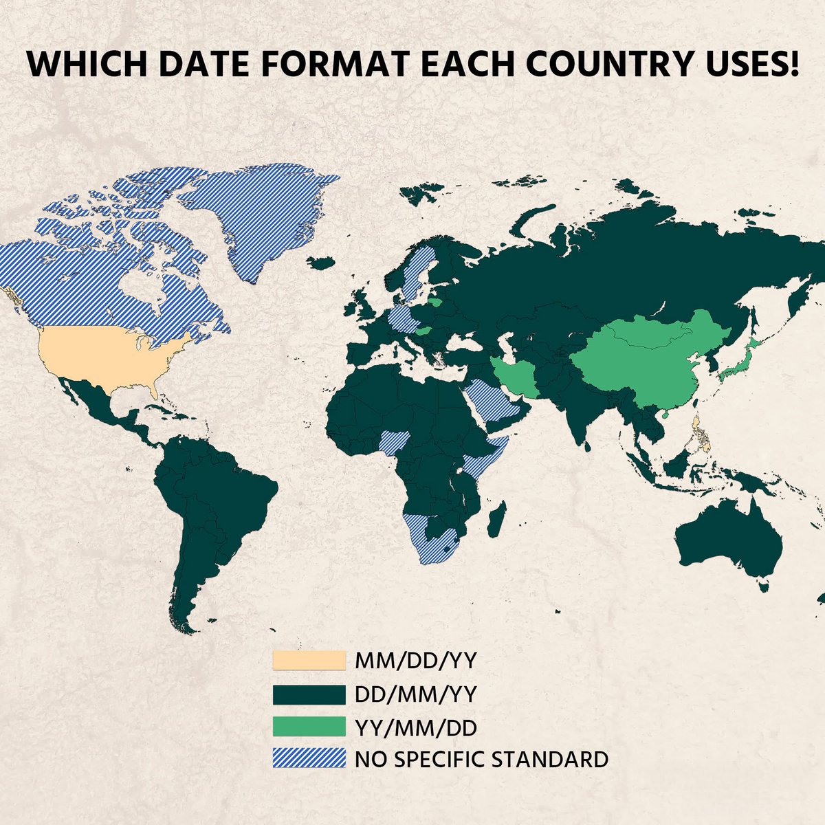 Which Date Format Each Country Uses! 🟨 MM/DD/YY 🟩 DD/MM/YY 🟩 YY/MM/DD 🟦 ...