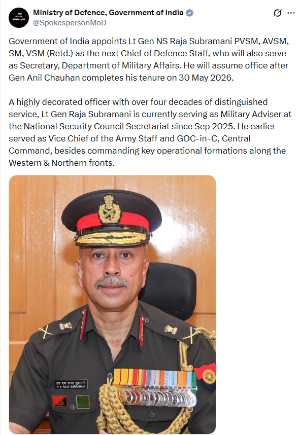 STORY | Pak-China expert Lt Gen Subramani named next CDS; Vice Admiral ...