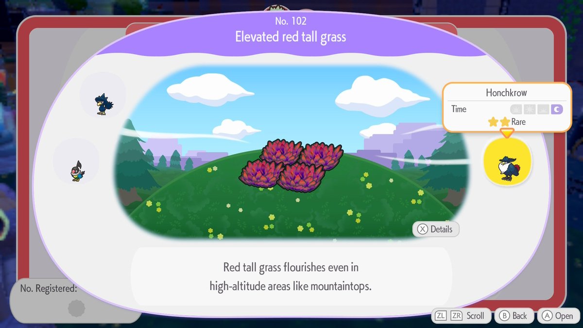 lizardfiend_'s tweet photo. @JoeMerrick Hi there, I’ve noticed an error with the info in the Elevated Red Tall Grass habitat page in Pokopia. Honchkrow is a night encounter, and doesn’t spawn during the day, as the current page claims. https://t.co/TkZ3qFy0Aa