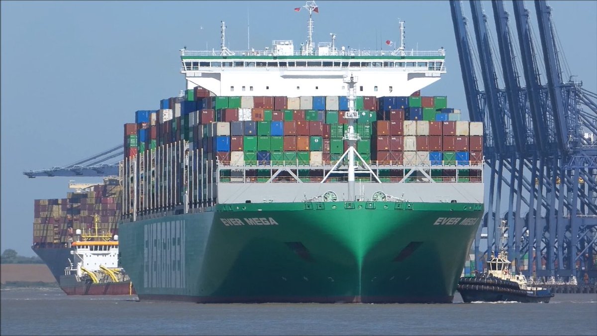 deancable's tweet photo. Ever Mega departs Felixstowe Trinity 6 and swings to starboard with 4 Svitzer tugs.  30th April 2026 https://t.co/lCu2WlYhW2 via @YouTube https://t.co/5PAgMOO96p