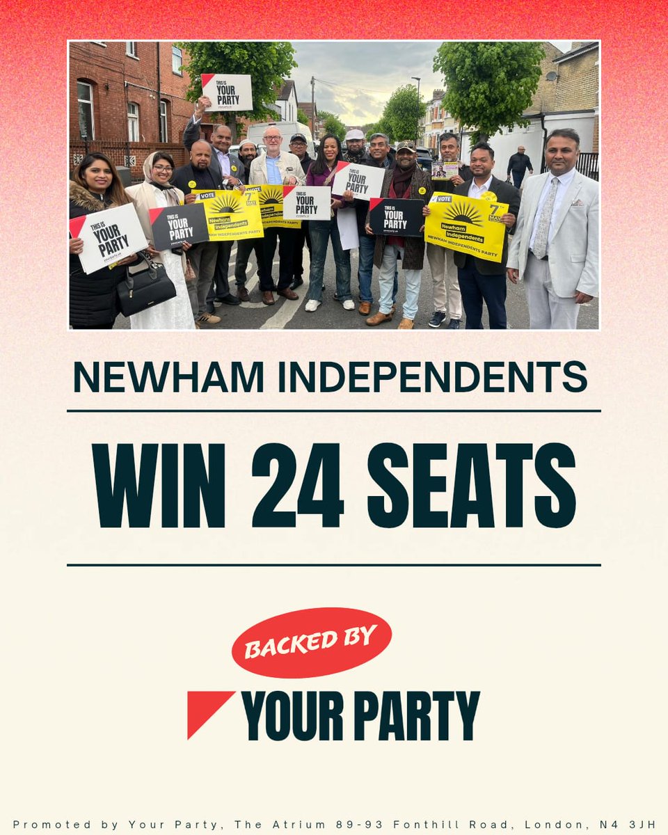 🎉Newham Independents take away Labour's majority!🎉

Congratulations to Your Party-backed <a href="/NewhamIndParty/">Newham Independents 💛</a> for winning 24 seats as residents turn on Labour over its failures on child poverty, housing and Gaza.

That's community power! 💪