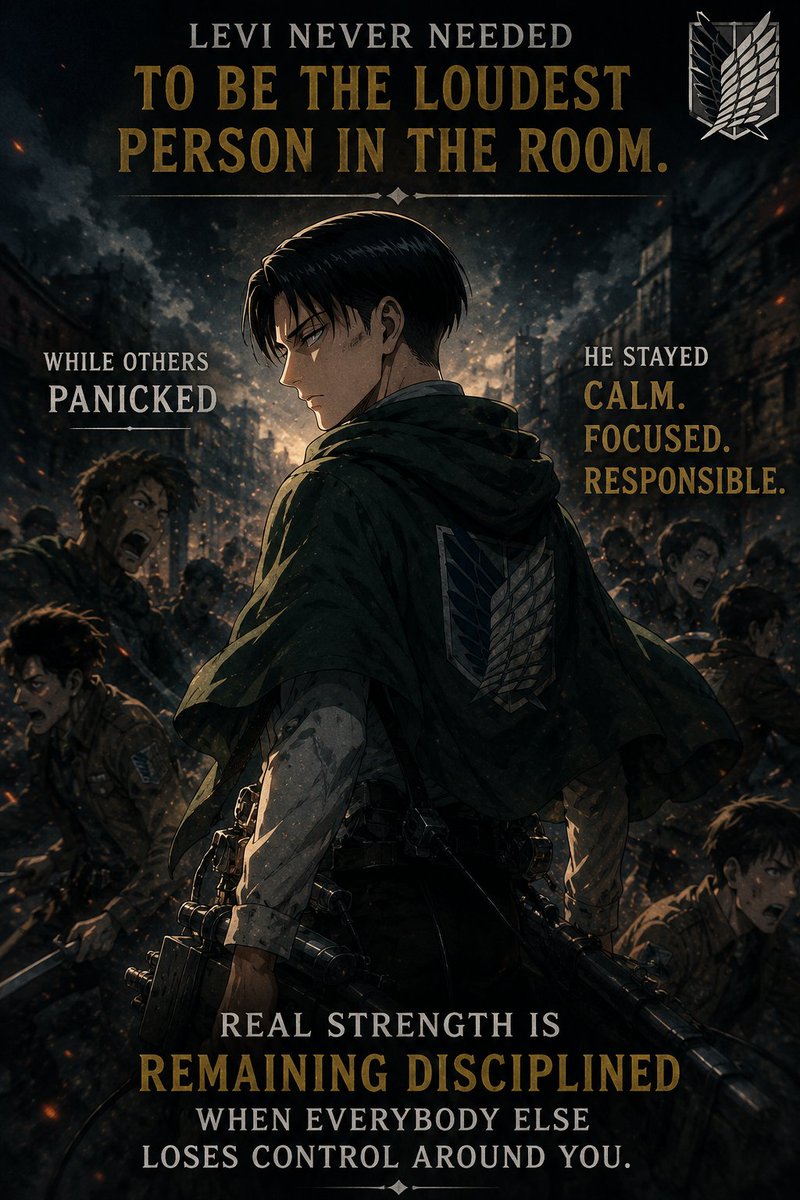 adefilaladewale's tweet photo. Anime Character Prompt:
AI realistic anime style, Levi Ackerman standing calmly during chaos and destruction, sharp serious eyes, cinematic dramatic lighting, emotional atmosphere, highly detailed anime realism, motivational leadership vibe https://t.co/EqQkE6BZON