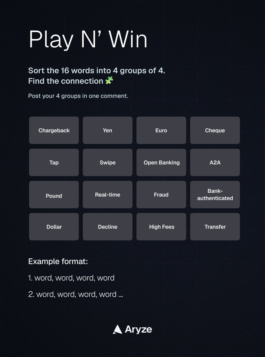 Play N' Win 🧩
16 words. 4 hidden groups of 4. Find the connections.

Drop your groups in one comment—winner picked at random Sunday 23:59 CEST. 🏆 [$100 $RYZE]

1. Follow <a href="/AryzeOfficial/">Aryze</a> + join TG 
2. Repost 
3. Comment your answers

$100 in $RYZE total
5 winners get $20 each