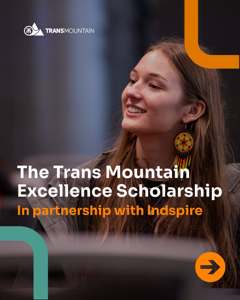 TransMtn's tweet photo. ICYMI: 

@TransMtn, in partnership with @Indspire, recently announced the Trans Mountain Excellence Scholarship.  

Our $100,000 investment, matched by the Government of Canada, will provide up to $200,000 in financial support to eight First Nations, Inuit and Métis students in their pursuit of higher education across our core communities. 

Applications through Indspire are now open! 

Learn more about how you can apply through the link in our comments below. ⬇️ 

#Indspire #IndigenousEducation #TransMountain