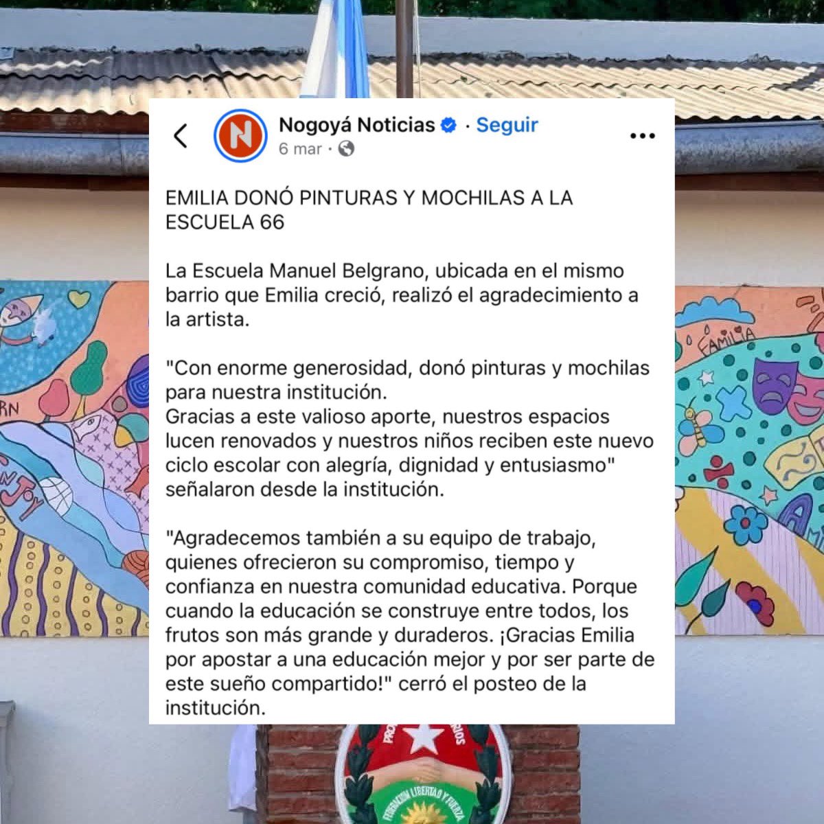 En el mes de marzo, Emilia realizó una donación de pinturas y mochilas a la Escuela Manuel Belgrano, ubicada en el mismo barrio que la vio crecer. 🥹🫶🏼