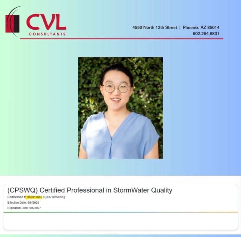 coevanloo's tweet photo. Congratulations to Dr. Jiayi Li (Leslie) with CVL. After passing 2 separate exams, she has now obtained the certification of Certified Professional in StormWater Quality. She is one of only six professionals in Arizona with this designation! https://t.co/fDKItvOPEZ