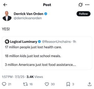 A real tweet from <a href="/RepVanOrden/">Rep. Derrick Van Orden</a> after OBBBA passed with his enthusiastic support: