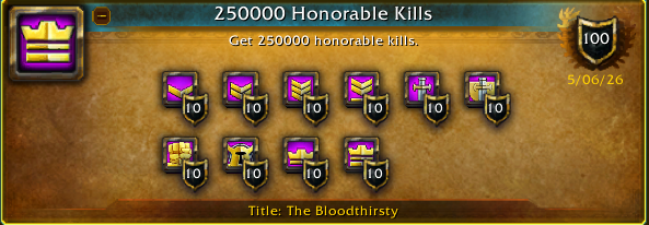 SmesusGaming's tweet photo. Took me 16 years to go from 100k to 250k.  I stopped doing a lot of pvp way back in the day. Why isn't there a much higher one available already?  500k? Cheers to anyone else who has this title!  #worldofwarcraft #WoW #pvp #WoWMidnight https://t.co/2B9GoPiFye