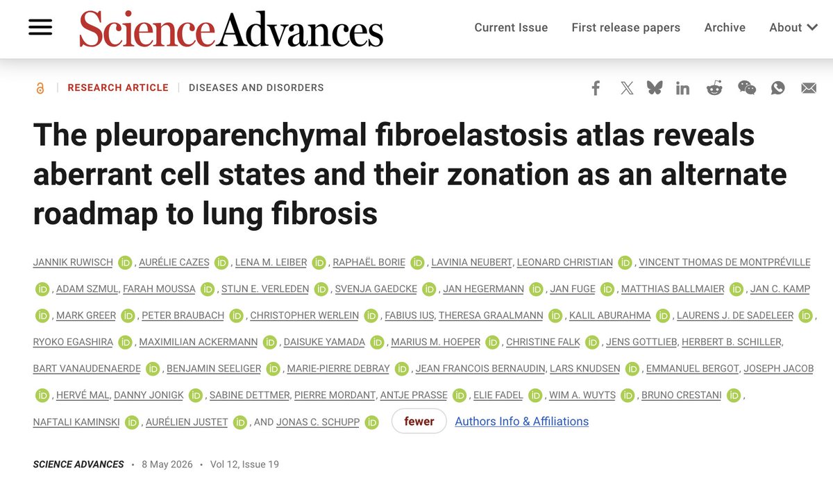 KaminskiMed's tweet photo. Finally out!! The first single cell atlas of Pleuroparenchymal fibroelastosis (PPFE), a lethal, poorly understood lung disease that predominantly affects females. Kudos to Drs Ruwisch, Justet, Schupp &amp; team for this groundbreaking effort!!! 
#ATS2026 https://t.co/TTByYEnQAZ https://t.co/6fzOgUb5MF
