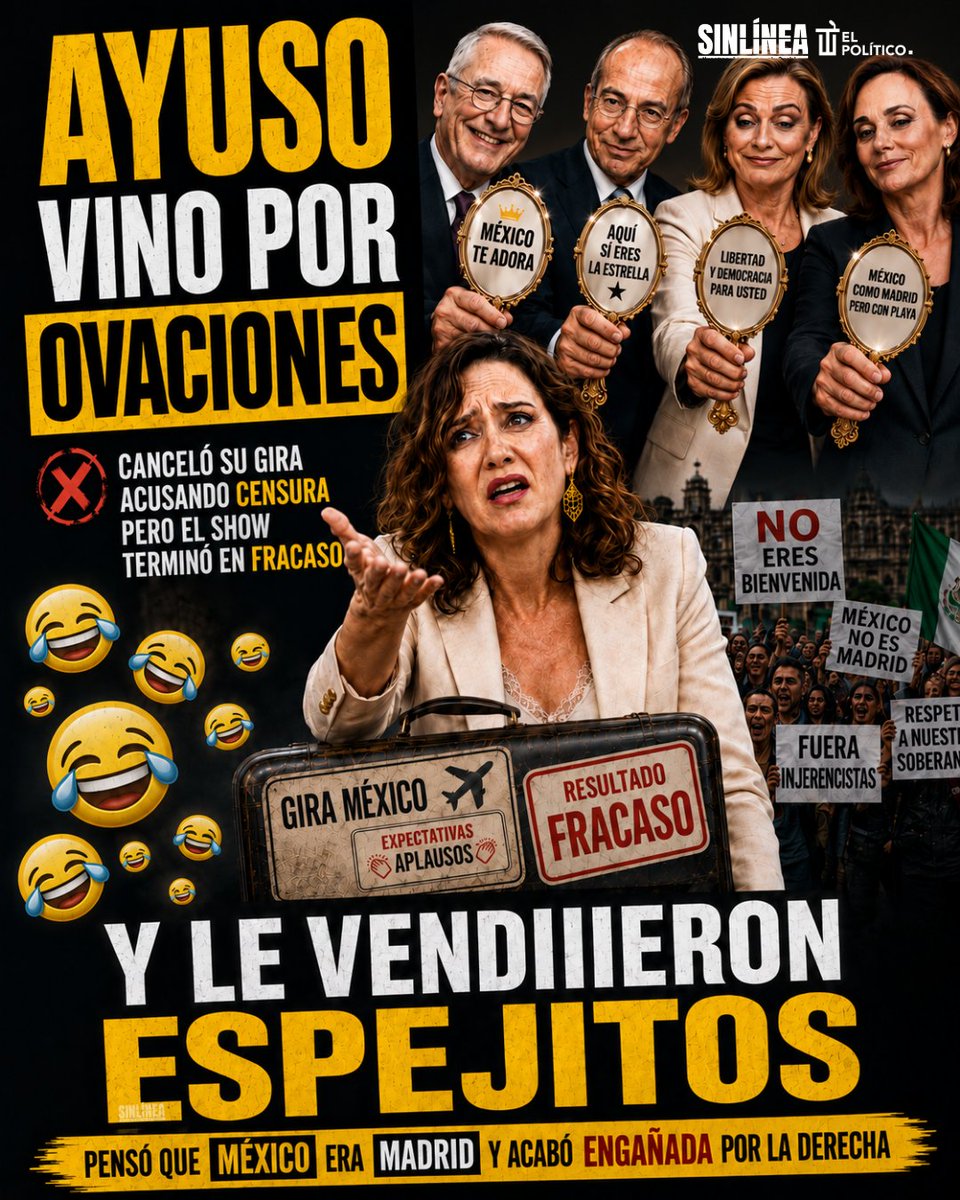 ¡Chasco que se llevó! 🤣

Ayuso vino a México creyendo que las y los mexicanos la recibirían con alfombra roja.

La oposición le vendió un paquete turístico con espejitos 😂

Acá la soberanía no se negocia, y los montajes duran menos que promesa de panista en campaña.

Se fue sin