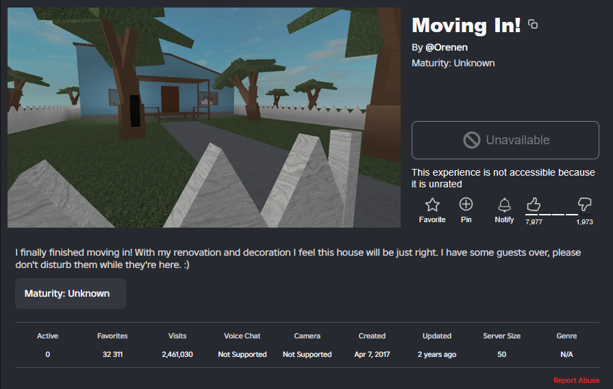 mythcomwiki's tweet photo. "Moving In!" by @OfficialOrenen has been taken down by Roblox, this time for being an unrated experience. This is the second time the game has been taken down in recent years, with it last occurring in 2022 when the game was placed "Under Review". https://t.co/yZSzYMJ3aX