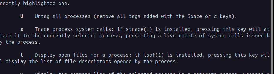 sauercrowd's tweet photo. I need to read more man pages. Every time I do it it's great.

Just briefly read the one for htop.

Turns out it has some awesome features, like by going on a process and hitting s just strace that process.

Or showing all open files of a process by just hitting lowercase L https://t.co/Y5WA04DdOn