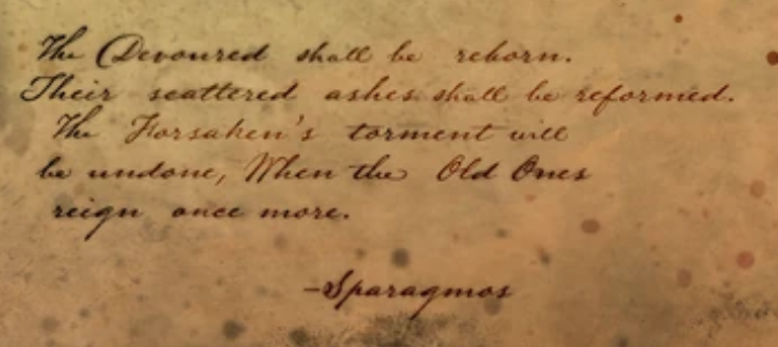 vonlistgaming's tweet photo. @vvalkkei If only the writers remembered Sparagmos' prophecy, which basically said that anyone the Forsaken ate would come back once he was defeated. If ONLY someone on the narrative team remembered that when they had Zykov call Samantha "that woman I devoured". https://t.co/It3Hn5JdUR