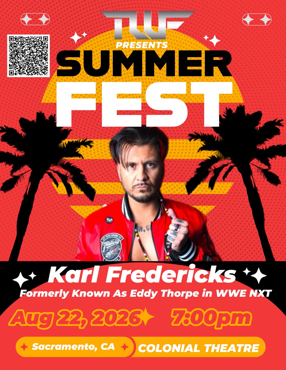twfwrestling's tweet photo. Karl Fredericks, formerly known as Eddy Thorpe in WWE NXT, will be in action at TWF SummerFest on Saturday, August 22, 2026 at Sacramento’s Colonial Theatre. Tix now on sale. Get yours at the link or the door!!!

https://t.co/Iq4TtxqiVj

Photo: @WestGhostDesign 

@karlfredericks_ https://t.co/DRG3qGXfUo