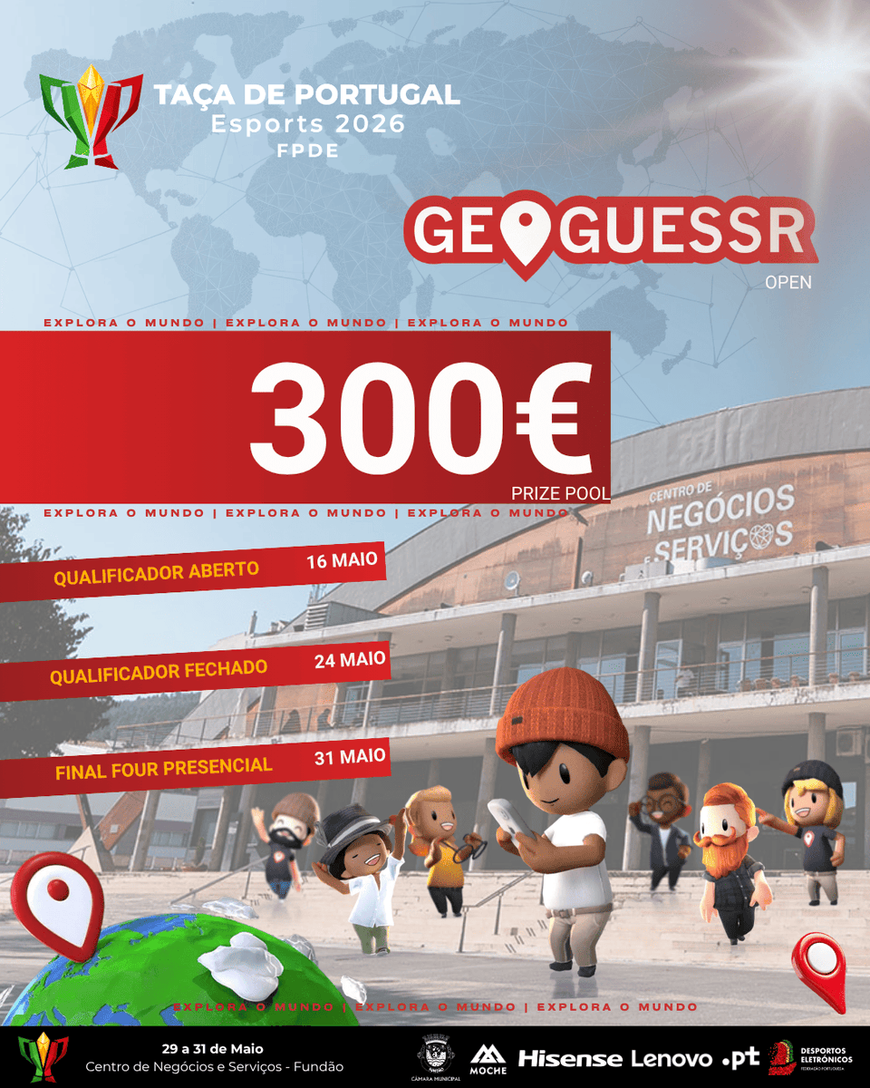 fpdeoficial's tweet photo. ‼️ INSCRIÇÕES ABERTAS ‼️ Taça de Portugal GeoGuessr OPEN 2026 🎮️

💰 Prize Pool 300€ 💰 | Entra na competição ⬇️

🗓️ Qualificadores Aberto: 16 de Maio
🗓️ Playoffs Online: 24 de Maio
🗓️ Final Four Presencial: 31 de Maio

🗓️ Inscrições até 15 Maio

🌐 Para consulta do regulamento e inscrição em: https://t.co/bfecQmbHV7

🗓️ 29, 30 e 31 de maio
📍 Centro de Negócios e Serviços, @CMFundao

@moche
@HisenseIntl Portugal
@lenovoportugal
#.PT

#FPDE #Esports #EsportsPortugal #VisãoEsports2030 #MaisqueumjogoSomosDesporto #RoadToFundão #TaçadePortugalEsports2026 #TaçadePortugalEsports2026 #TDP2026 #TDPEsports2026 #TaçadePortugal #TaçadePortugal2026 #GamingPortugal #Competição #Gaming #videojogos #Taça #Portugal #BeiraBaixa #Fundão #GeoGuessr #GeoGuessrPortugal #GeoGuessrPT ##GeoGuessrMobile
