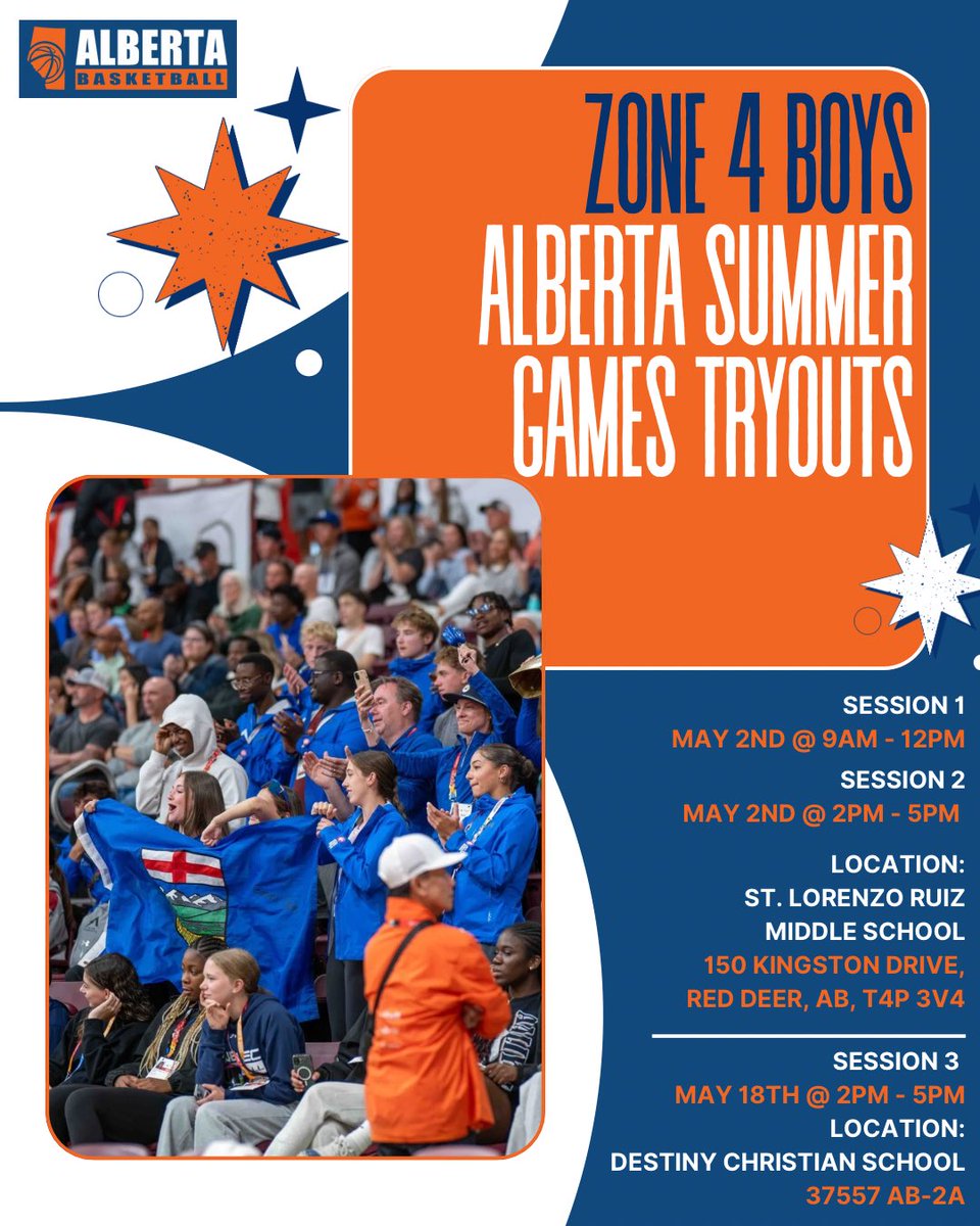 BasketballAB's tweet photo. 🚨 Zone 4 Boys Alberta Summer Games Tryouts Update 🚨

Session 1: May 2 | 9AM–12PM
Session 2: May 2 | 2PM–5PM
📍 St. Lorenzo Ruiz Middle School, Red Deer

NEW Session 3: May 18 | 2PM–5PM
📍 Destiny Christian School

Register Now: https://t.co/BsCuzCNgVR https://t.co/sh9HOaTr1A