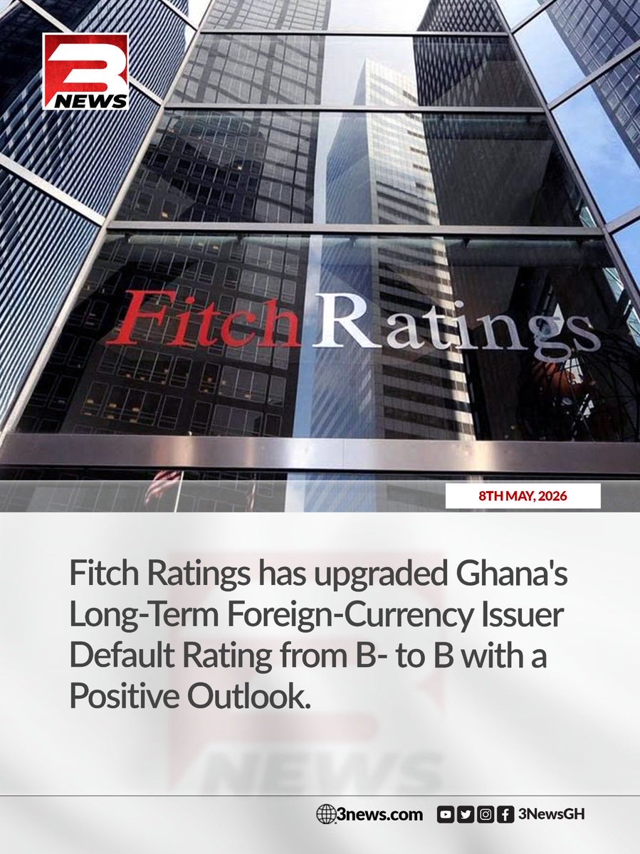 tv3_ghana's tweet photo. Ghana's credit rating has been upgraded from B- to B by Fitch Ratings, with a Positive Outlook, reflecting sharp debt reduction, record international reserves, fiscal discipline, and inflation at its lowest level since 1999.

#3NewsGH #TV3GH https://t.co/xJK4OYcIkS