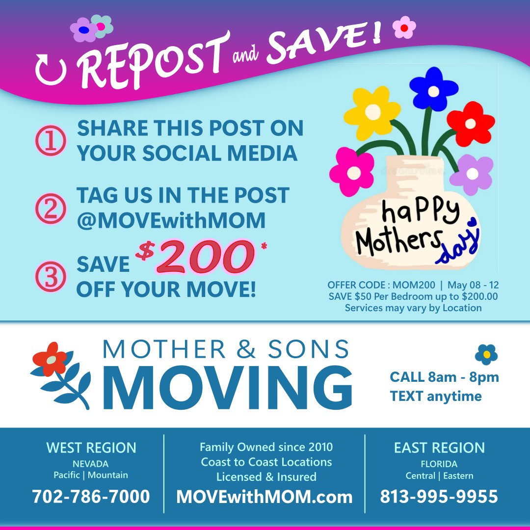 MOVEwithMOM's tweet photo. 💸 $200 OFF your MOVE! 
HAPPY MOTHERS DAY!  ❤️
Share this Post - @MOVEwithMOM 
Call or Text ☎️ 813-995-9955
https://t.co/tL3Fgy3YTL https://t.co/44upQagdGX