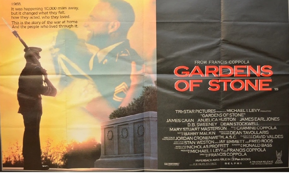 May 8 1987 GARDENS OF STONE opens. Dir. Francis Ford Coppola. In 1968 a frustrated veteran US Army Sgt. ignominiously assigned to Arlington National Cemetery takes a young, Vietnam-bound soldier under his wing. James Caan is the saving grace in muted, oblique war-at-home parable.