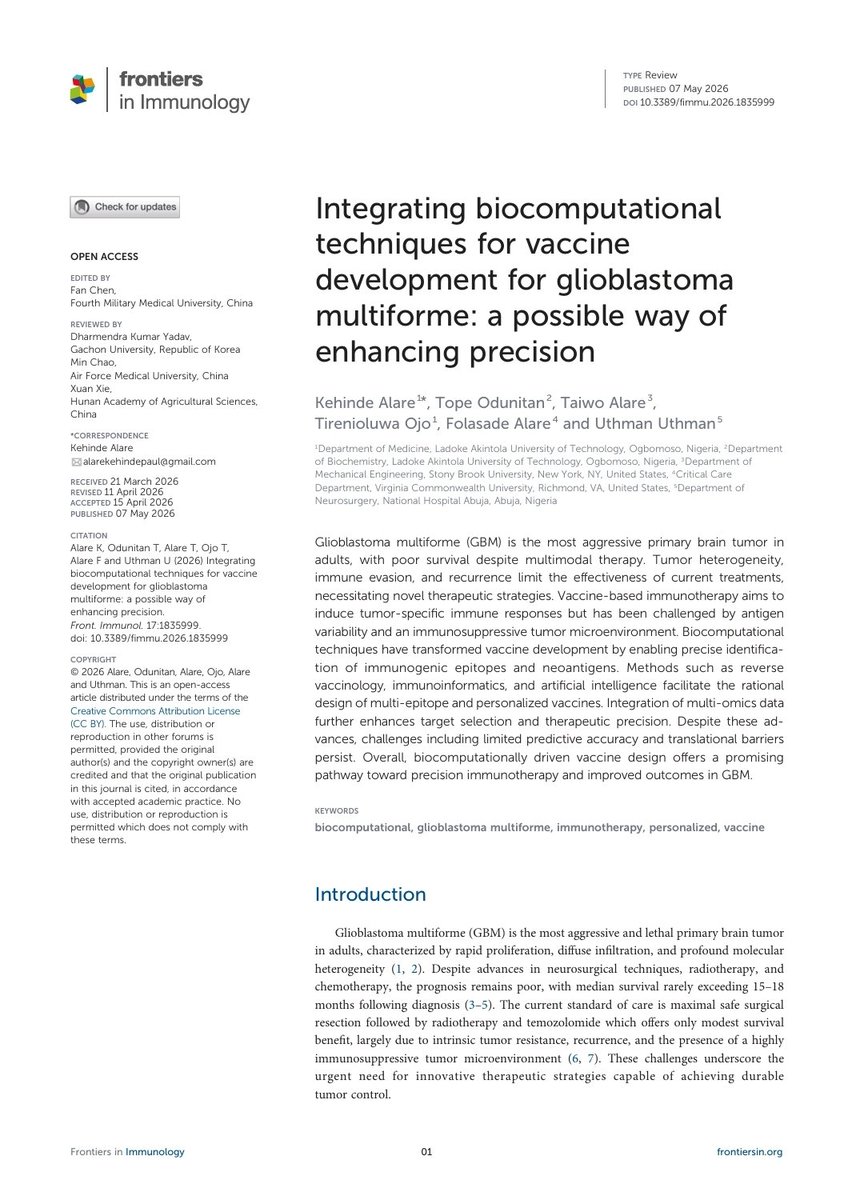 kehinde_alare's tweet photo. Being a while, I'm happy to share one of recent publications with Frontiers in Immunology, which looks at the possibility of integrating biocomputational techniques in GBM vaccine development. Read here https://t.co/4fvKCIJ9xJ
Proud of the team @gigabyte_md @alare_taiwo https://t.co/RyCWoNxBM7