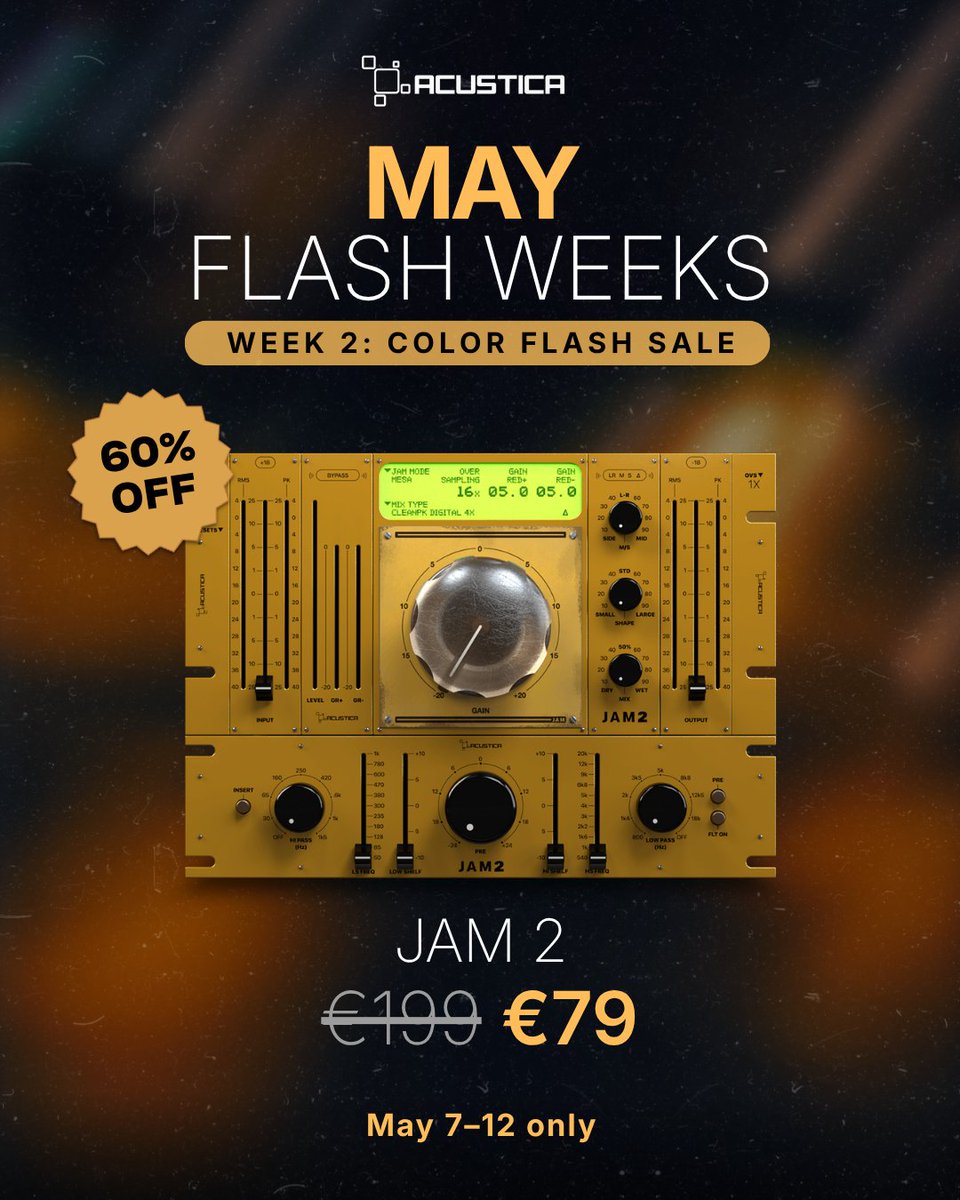 AcusticaAudio's tweet photo. ✨ Dive into Color Week with incredible saturation plugin deals.

Add warmth, harmonics, weight, and analog character to your mixes with 4 standout picks from this week’s flash deals.

Visit the shop to discover more Color Week deals:
https://t.co/HNki4MFk57

Ends May 12, 2026. https://t.co/mzj9JW2SKe