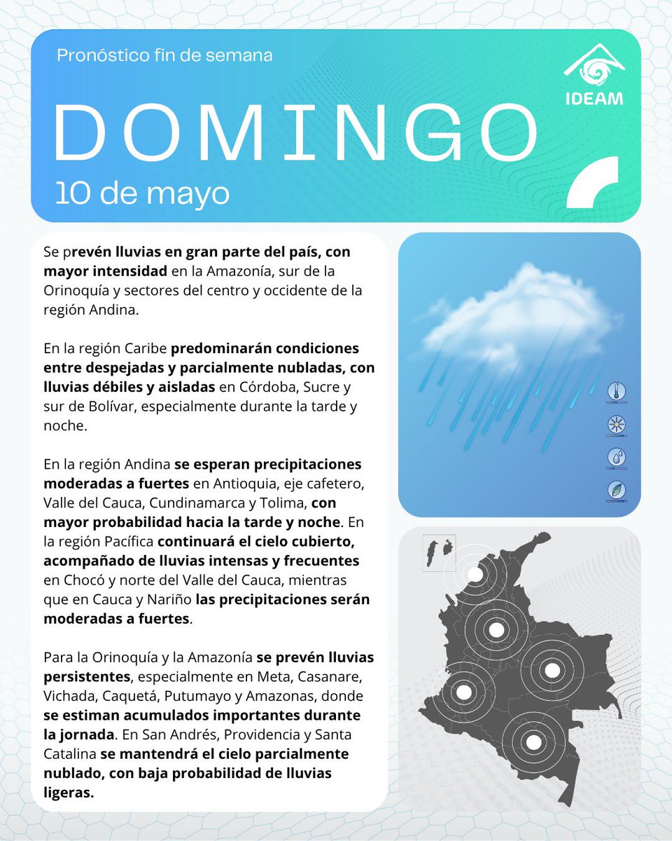 IDEAMColombia's tweet photo. #IdeamInforma | 🌧️ Pronóstico del tiempo en Colombia para la semana del 8 al 10 de mayo de 2026.

Conozca el comunicado e información oficial del #Ideam aquí: https://t.co/yNAy8acKax

Consulta aquí 
#ClimaColombia #PronósticoDelTiempo https://t.co/4trkjcbIes