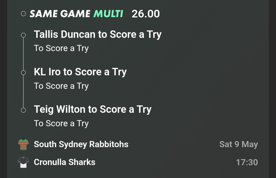 Talakai Rabbitohs Rabbitohs v Sharks. Easily my favourite betting game of the day. Wilton ...