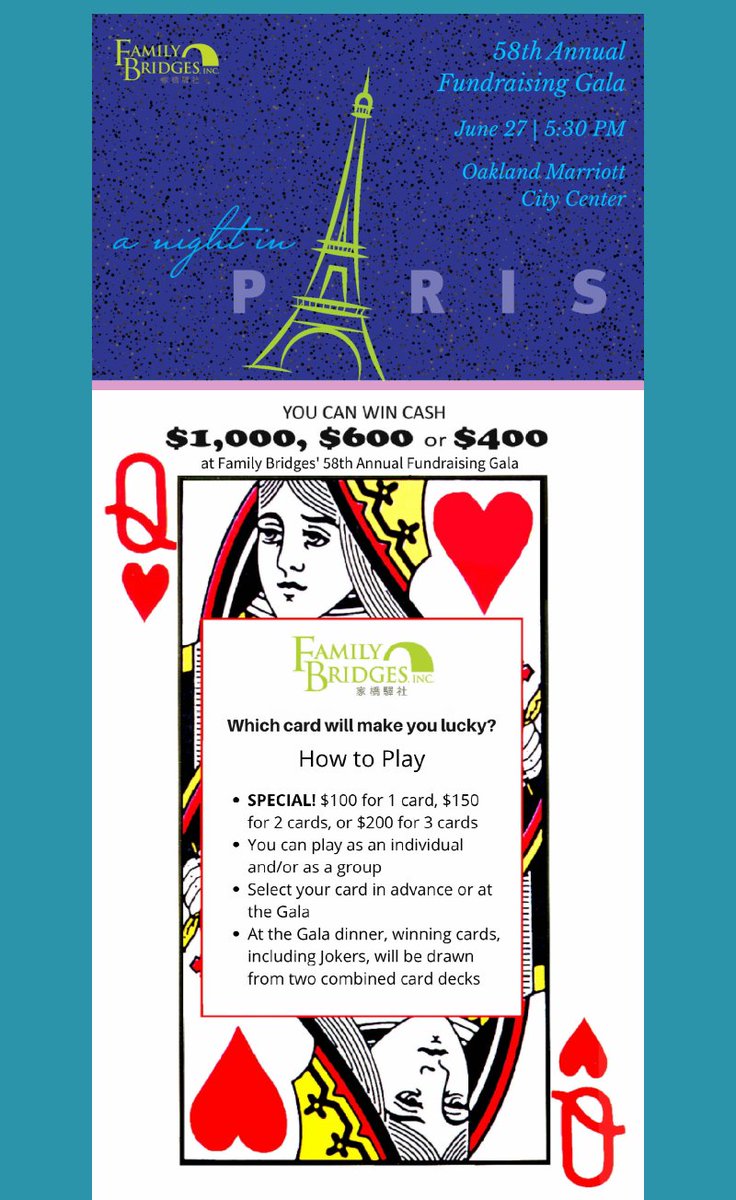 Family_Bridges's tweet photo. Feeling lucky? ♠️♥️ Pick your card and join us at our Gala Card Game—all for a great cause!
https://t.co/42sQkf5Yq8

#familybridges #AnnualGala #cardgames #TryYourLuck https://t.co/SmC5CadqD3