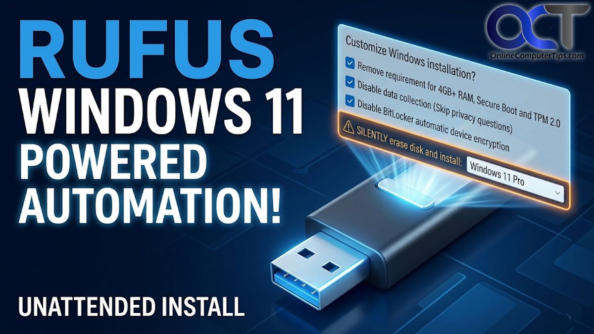 OnlineCompTips's tweet photo. Did you know the new version of Rufus as some extra options such as the ability to wipe the disk and install Windows 11 on a PC without any interaction from the user?

https://t.co/LzJce9ZHTA

#rufus
#Windows11
#bootableusb https://t.co/EPHoQr37GM