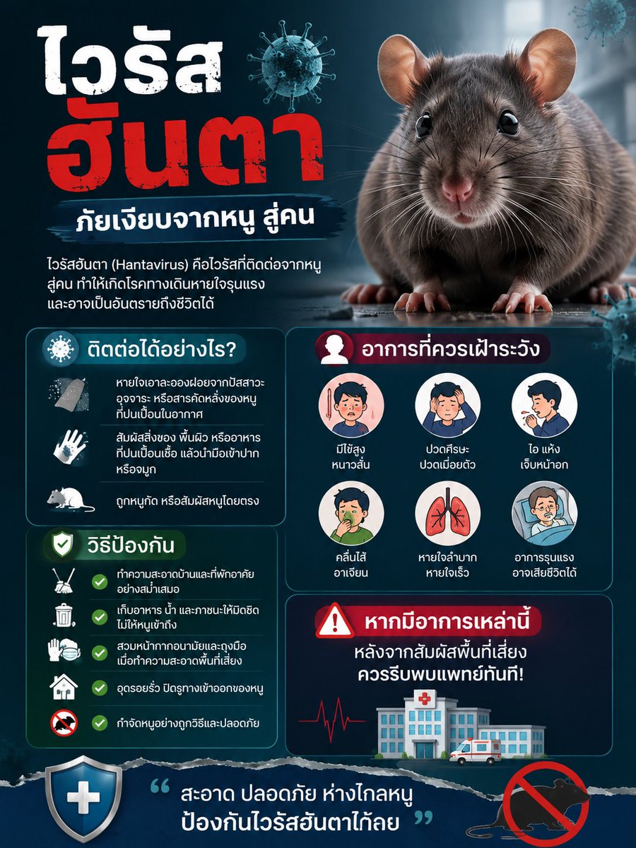 CEOYOTHIN2628's tweet photo. 🚨 รู้จัก "ไวรัสฮันตา" (Hantavirus) ภัยเงียบจากหนู! 🐀
ติดต่อได้ง่ายๆ จากการสูดดมฝุ่นที่ปนเปื้อนฉี่/อึหนูตอนทำความสะอาดบ้าน อาการเริ่มจากไข้สูง ปวดเมื่อย ถ้ารุนแรงอาจถึงขั้นปอดอักเสบ! 😷
ป้องกันง่ายๆ แค่ใส่หน้ากาก
#ไวรัสฮันตา #Hantavirus #สุขภาพ #สาระสุขภาพ #ทวิตดีคนรีน้อย https://t.co/ukc2IL4k6C