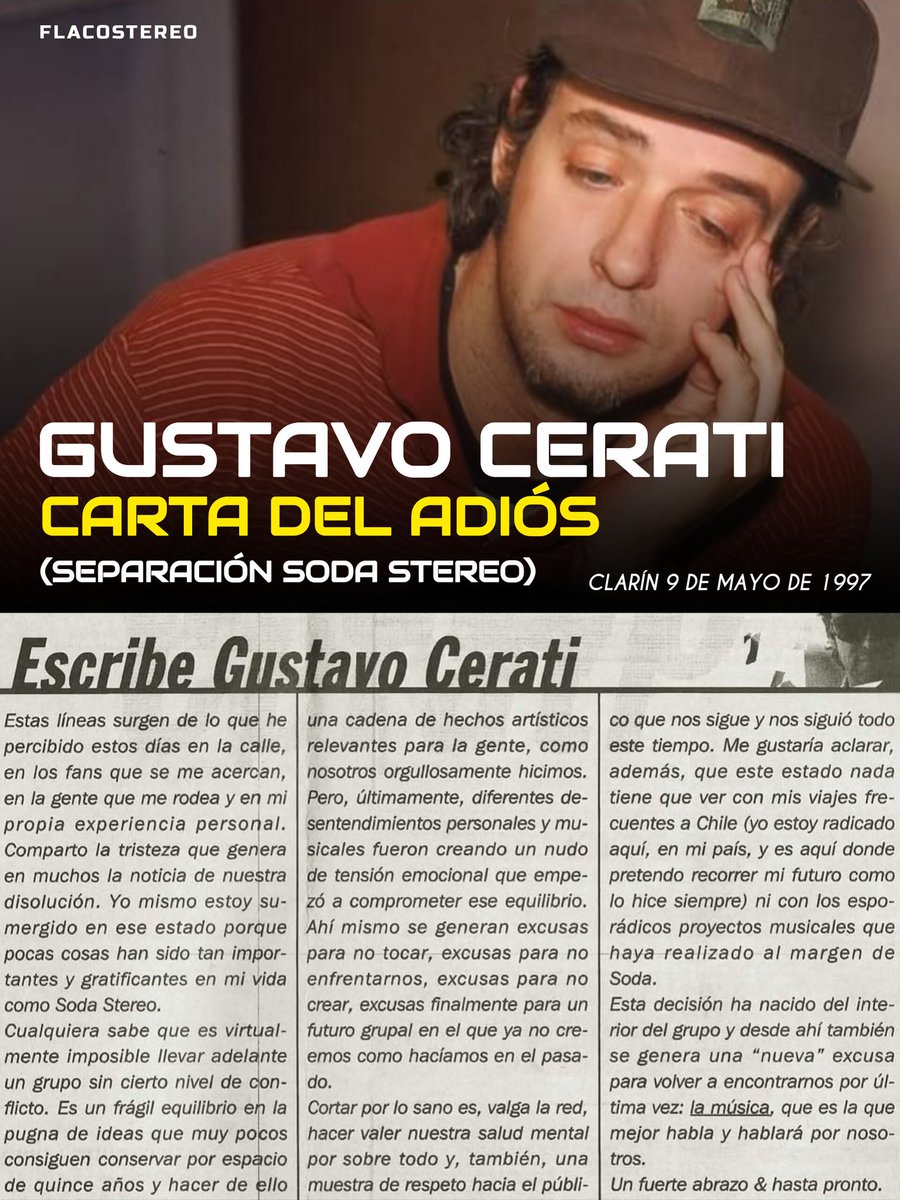 FlacoStereo's tweet photo. Gustavo Cerati: La carta del adiós
El 9 de mayo de 1997 Gustavo Cerati se despedía de Soda Stereo y sus fans mediante la siguiente carta que publicó en el suplemento Sí! del diario Clarín luego de que anunciaran la separación de la banda. https://t.co/D3EFaFQTQb