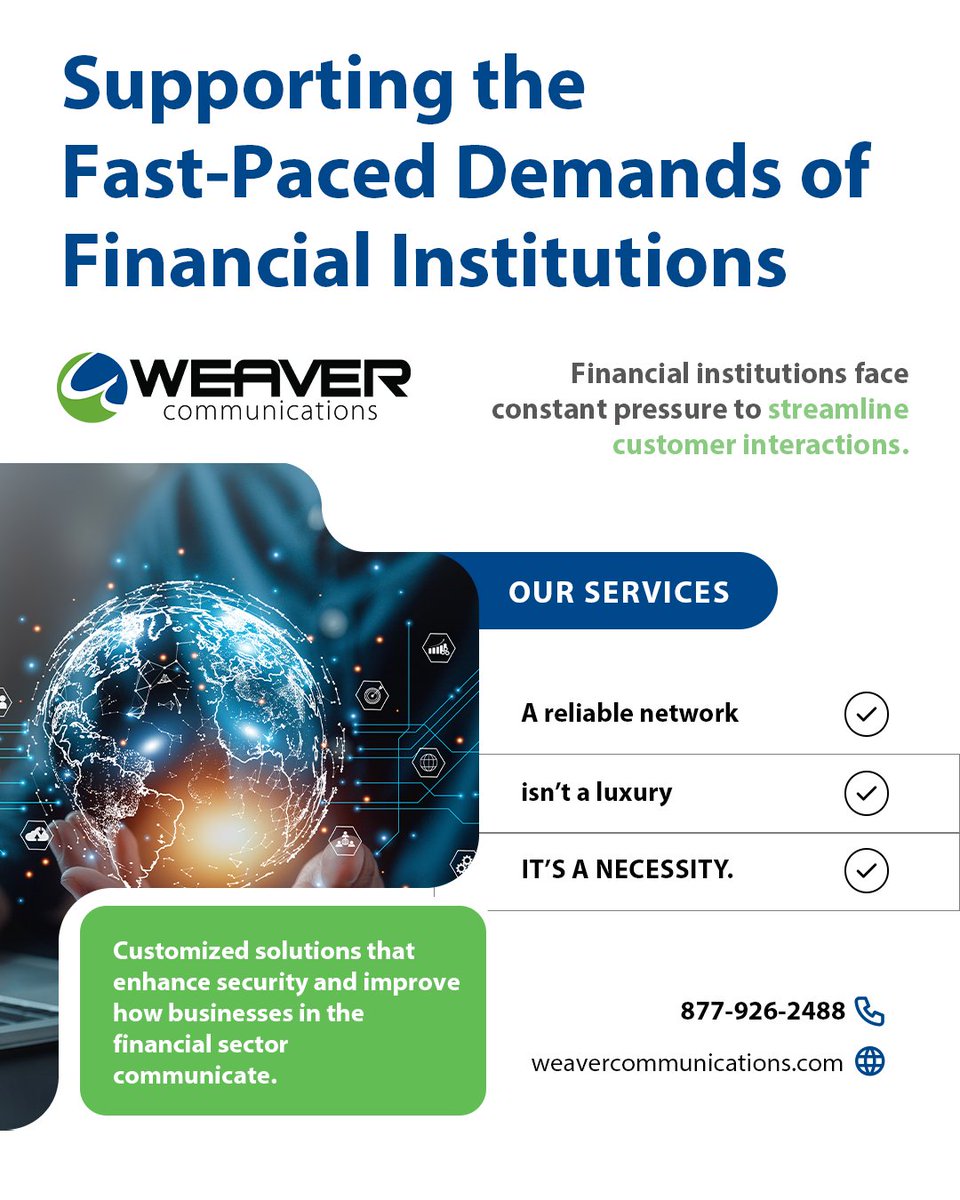 weavercomminc's tweet photo. The financial sector operates in one of the most demanding communication environments of any industry. 🏦

Weaver Communications delivers customized solutions that enhance security.

Call us at (877) 926-2488.

https://t.co/4BX3VMKLIE https://t.co/Ksyz3CYhAz
