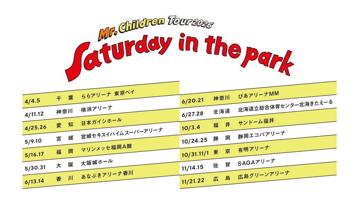 mrchildren_jp's tweet photo. ━━━━━━━━━━
Mr.Children Tour 2026
Saturday in the park
━━━━━━━━━━ 

本日5/9(土)は、 
宮城・セキスイハイムスーパーアリーナ公演初日❗️
17時開演🕔

ツアー詳細▷ https://t.co/79TSquqWO5
グッズ詳細▷ https://t.co/l6nSkofCvm

#MrꓸChildren #MrChildren
#Saturdayinthepark #産声