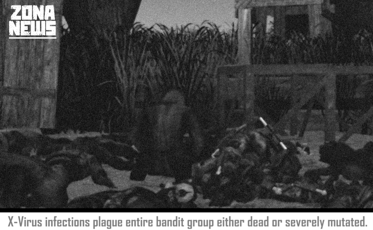 grimble22988's tweet photo. A bandit raiding group in the swamps has succumbed to the X-Virus outbreak.
 This had led to the majority of the group to either be dead while the rest of the group has become severely mutated.
If you find any bandits crossing out of the swamps, shoot on sight. They carry it. https://t.co/8G9RJJq3Fe