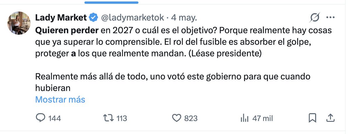 Me respondio el Javo. O sea vale mas una persona que actua como Fusible, que 47 millones de personas? En fin. Una lastima este Milei, no lo reconozco.