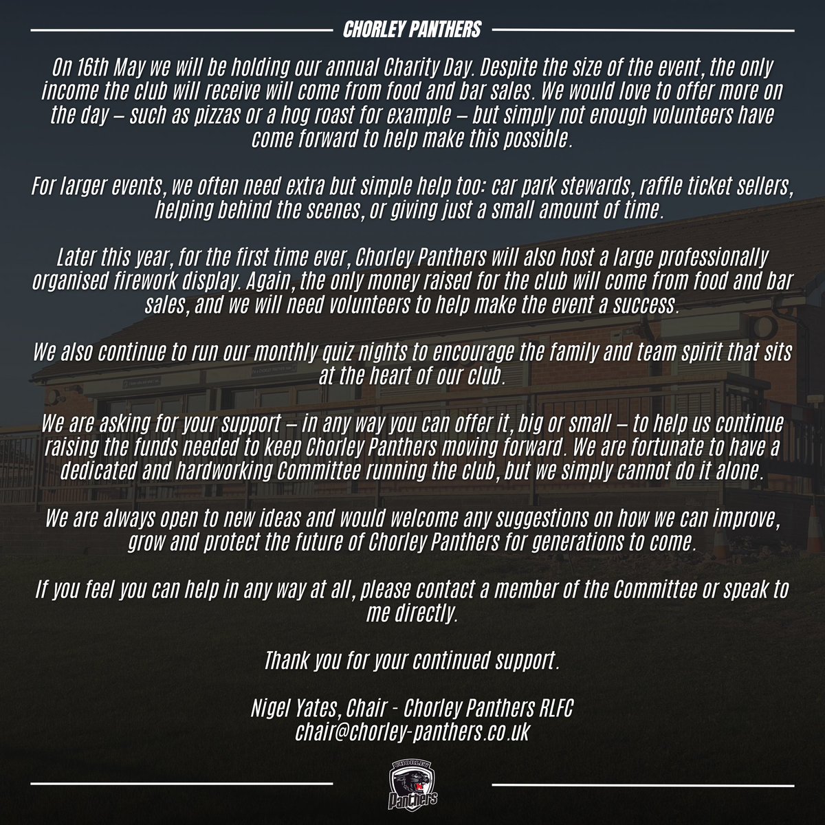 ChorleyPanthers's tweet photo. Ahead of next weekend’s Charity Day, we wanted to share a message to all members of Chorley Panthers from Chair, Nigel Yates.

⚫️⚪️⚫️ https://t.co/700VR0cuDw