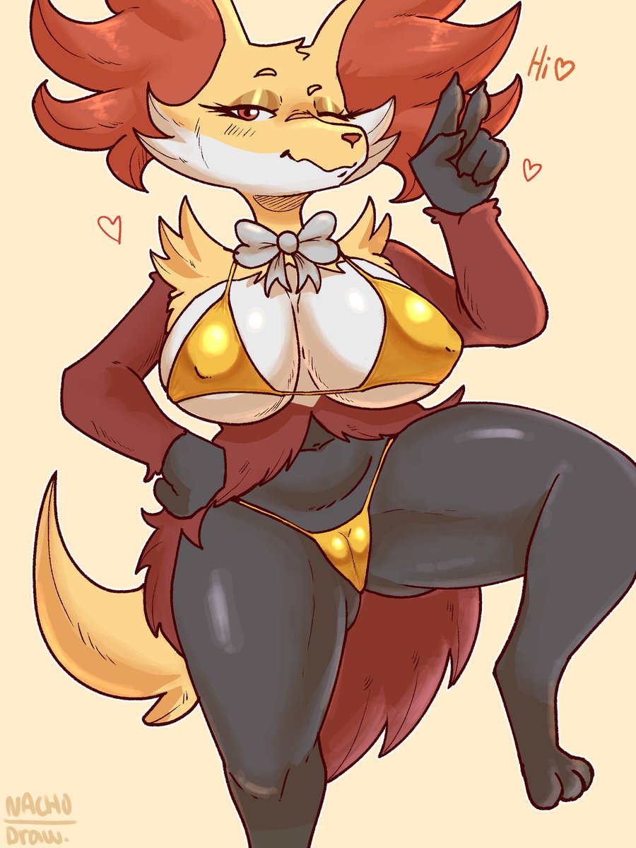 nacho_draw's tweet photo. Delphox en un bikini dorado 😳🔥✨️

Dibujito terminado ✨️🔥

#Delphox #furry https://t.co/0EaSSKzNaj