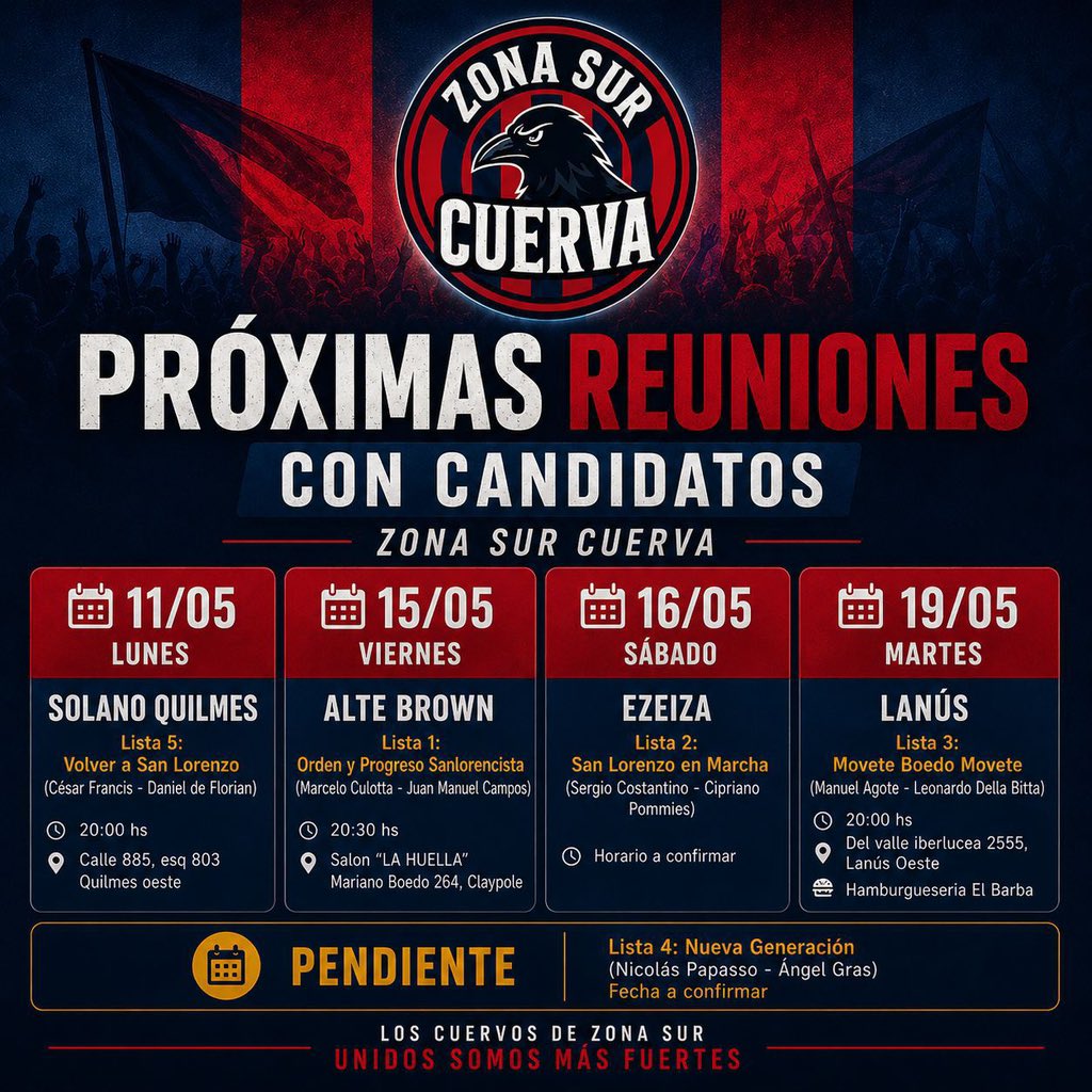 Azulgrana_lanus's tweet photo. 🔵🔴 Zona Sur Cuerva recibe a todos los candidatos 🔵🔴

Durante las próximas semanas vamos a estar realizando distintas reuniones abiertas junto a las agrupaciones y candidatos que participarán de las elecciones en San Lorenzo.

📍Sumate a participar en cada encuentro 💪🏻💙❤️ https://t.co/vZzW24Wdce