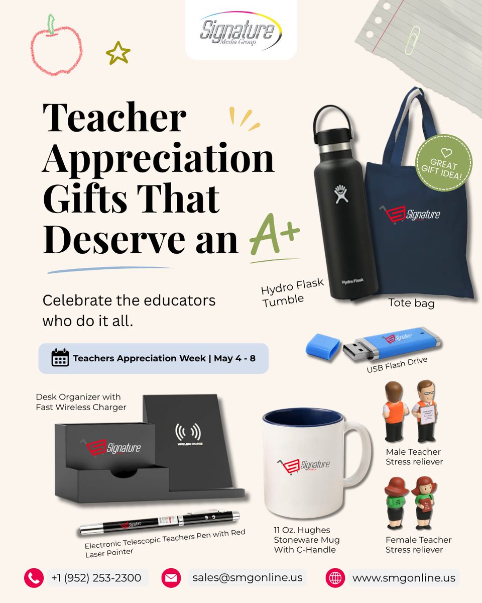 SignatureMediaG's tweet photo. Teachers do it all.

Celebrate Teacher Appreciation Week with thoughtful gifts they’ll actually use, from tumblers and totes to desk essentials and mugs.

Browse teacher gift ideas:
https://t.co/ESsTP6lj7E

Let’s make teacher appreciation Brandtastic.

#TeacherAppreciationWeek https://t.co/YrVQZWUjeE