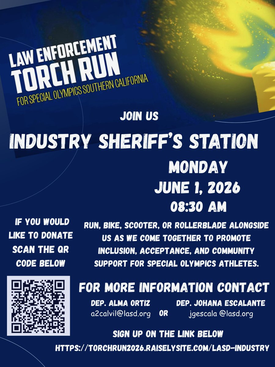IndustryBC's tweet photo. Join the Industry Sheriff’s Station as they run for a good cause benefiting the Special Olympics! See flyer for details on how you can support! @INDLASD https://t.co/n5qiXI101U