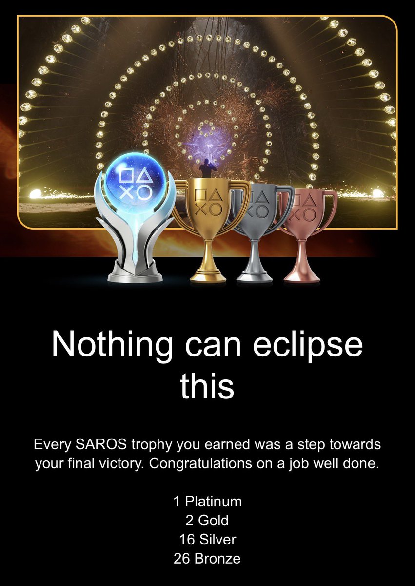 TrophyChief's tweet photo. Platinum - SAROS 🏆

Received three emails as I progressed  in SAROS. One when starting my journey, the second highlighting my story completion, and the third celebrating my Platinum trophy. Templated emails sure, but cool nevertheless. 

Colors, bullets and explosions = fun https://t.co/Ue3wlvd72V