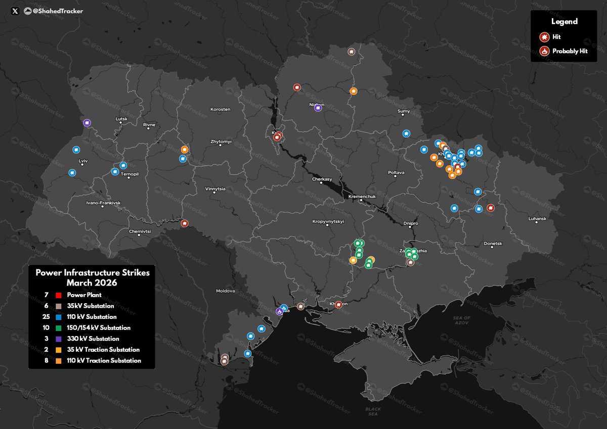 ShahedTracker's tweet photo. Overview of Power Infrastructure Strikes for March 2026

At least 61 Power Infrastructures Objects were struck in March (all types of weapons). This does not include frontline areas. https://t.co/wIK1IGsQMP