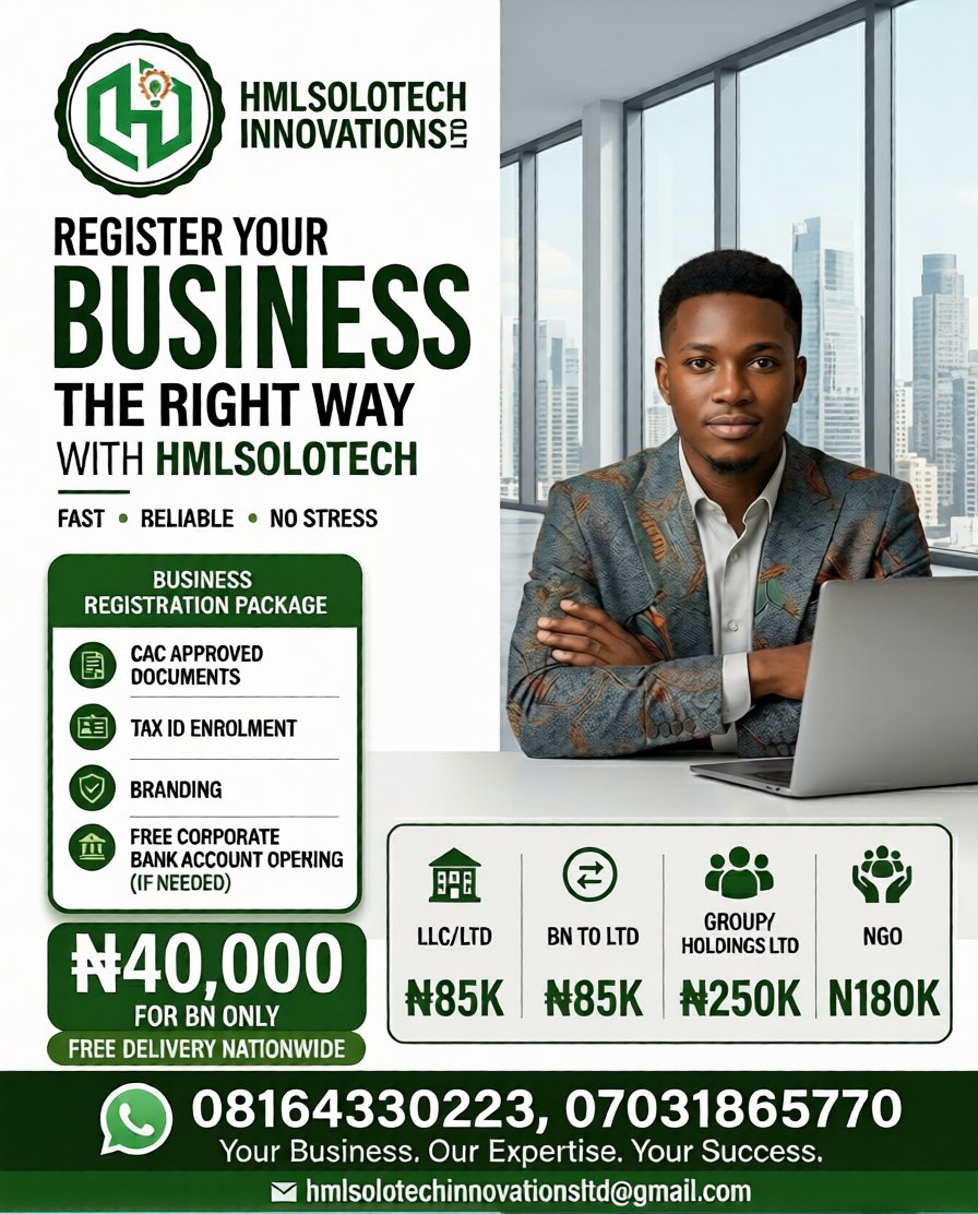 Hmlsolo's tweet photo. Let us help you structure and build a legally recognised brand in Nigeria. https://t.co/prKXPxGRdS