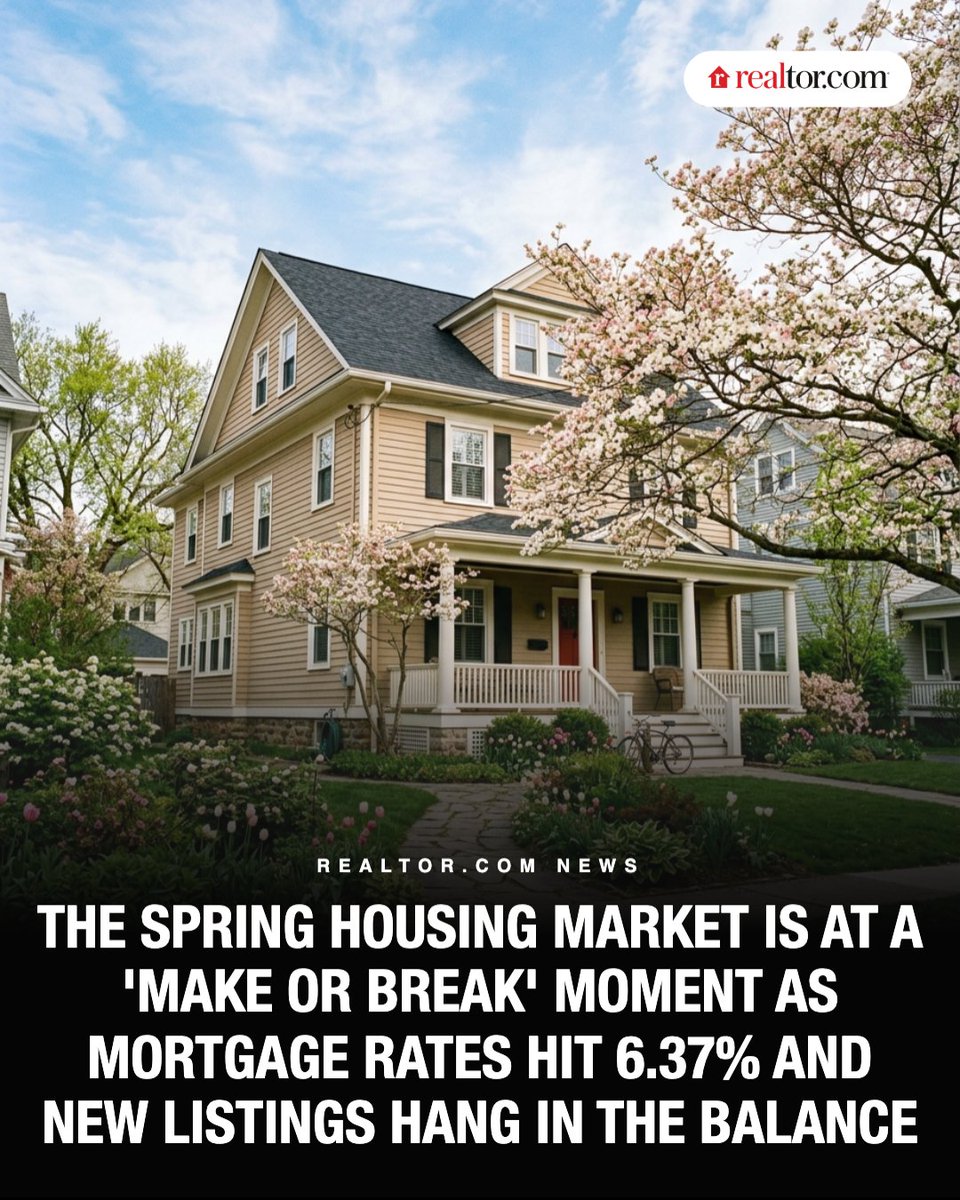 realtordotcom's tweet photo. The spring homebuying season is underway, but the market remains a challenging environment for buyers and sellers alike. Mortgage rates sit at 6.37%, and new listings have slowed, keeping competition elevated. At the same time, average hourly earnings have risen more than 3% year over year, continuing to outpace inflation, but the financial cushion for consumers has shrunk considerably.

Read: https://t.co/k5tieoWuha