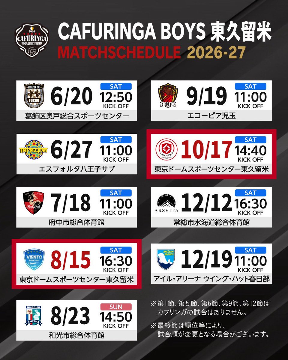 cafuringa_boys's tweet photo. ＼第17回関東女子フットサルリーグ 2026／

2026-27シーズンの日程と対戦カードが発表されました！

今シーズンも熱く闘います‼︎
応援よろしくお願いします📣❤️‍🔥

※第1.5.6.9.12節はカフリンガの試合はありません。
※最終節は順位等により、試合順が変更となる場合がございます。

#フットサル https://t.co/jF9fLVm5xR