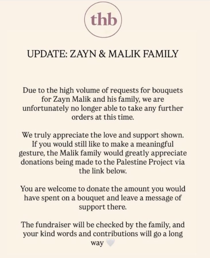 Zayn Malik and his family are asking fans to stop sending flowers and instead donate to Palestine