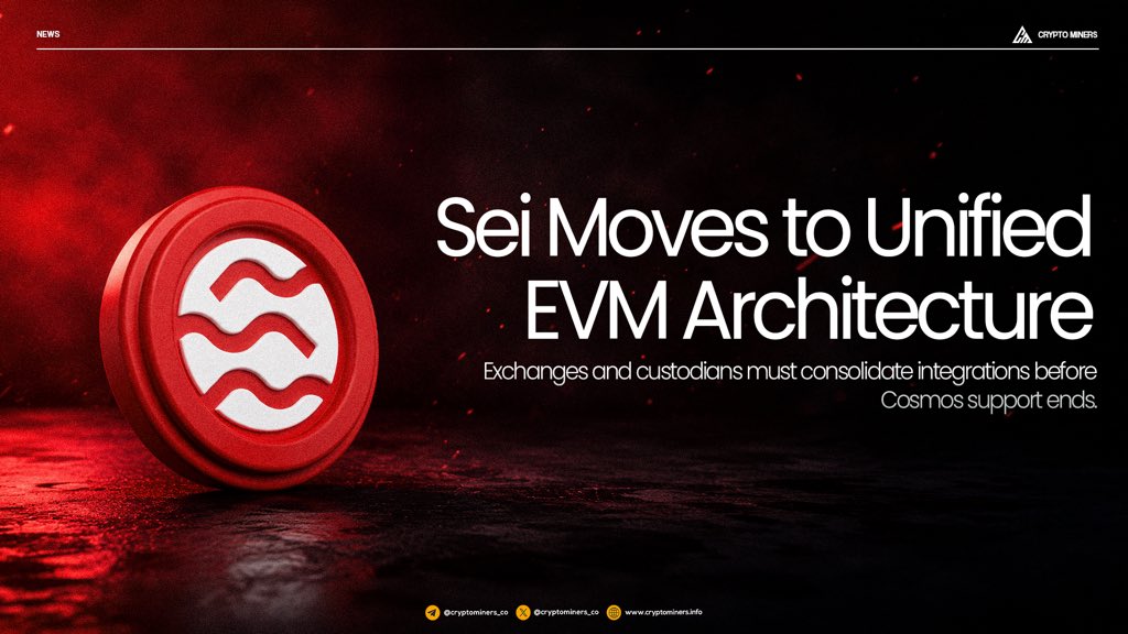 CryptoMiners_Co's tweet photo. Sei moves to unified EVM architecture ahead of Cosmos deprecation

@SeiNetwork is transitioning to an EVM-only architecture, requiring exchanges and custodians supporting SEI to migrate integrations before Cosmos and IBC functionality is deprecated.

The network clarified that Sei EVM is not a separate chain, with all integrations needing to be consolidated by June 15, 2026.